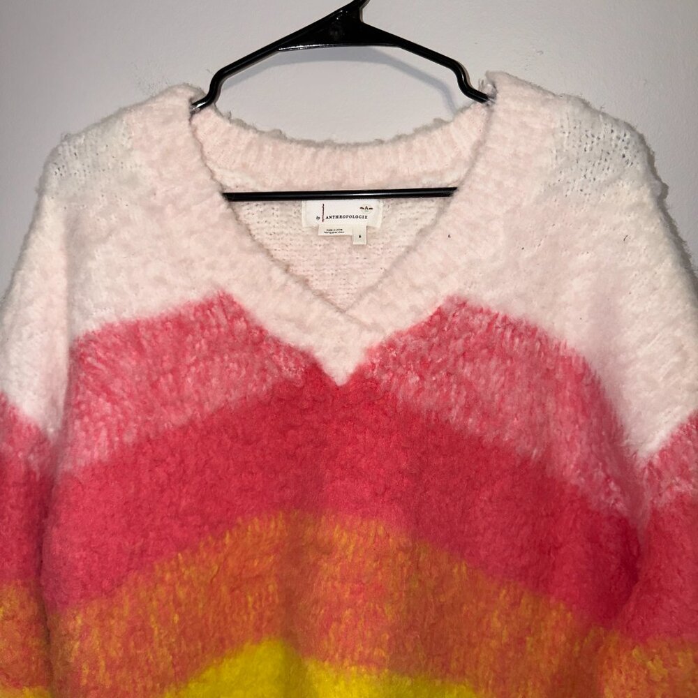 Anthropologie Women's Fuzzy Colorblock Sweater Size S V Neck - Picture 4 of 7